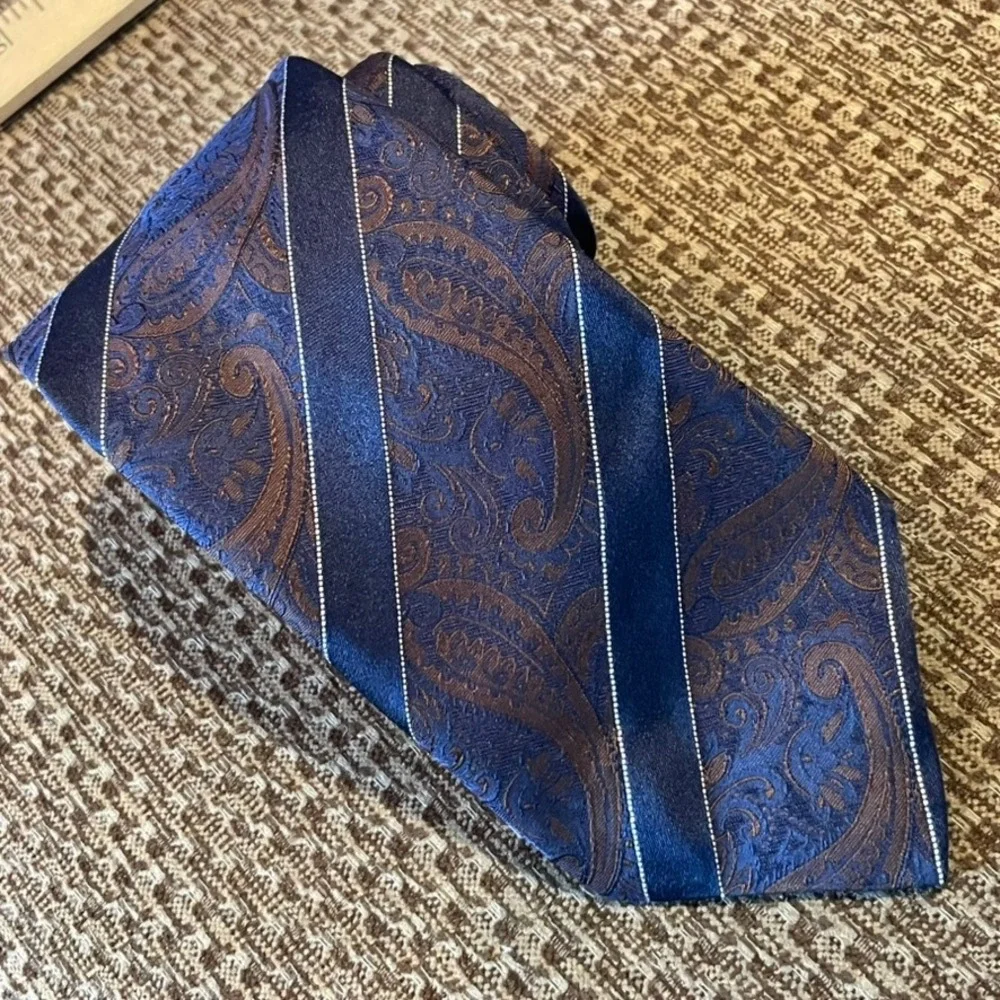 Canali Necktie Mens Navy Blue Repp Paisley Striped Silk Italy Office Wedding